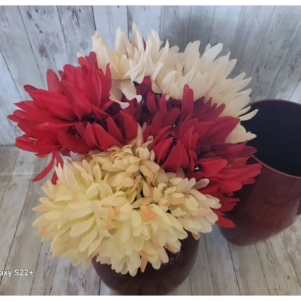 Large red decorative lacquerware vace and flowers